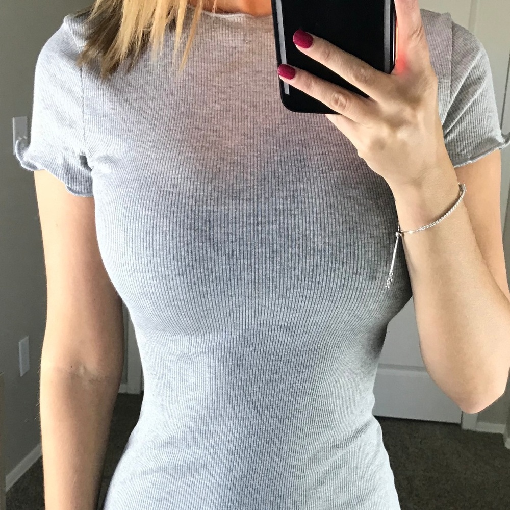 -Gray Ribbed Short Sleeve Mini Tee Dress- - Picture 4 of 4
